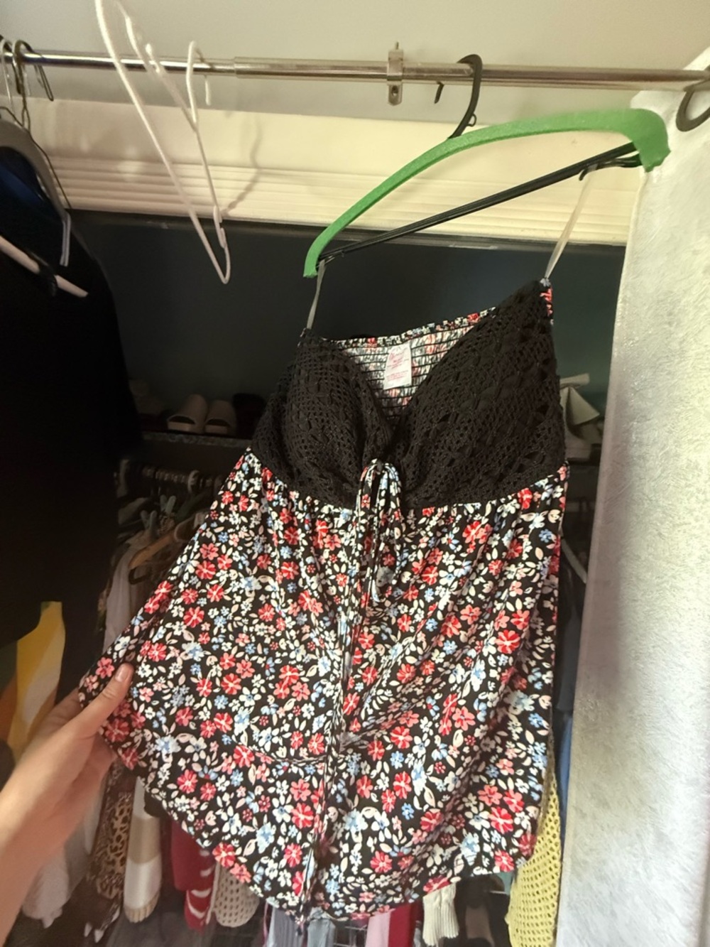 Black Floral Crochet Bust Crop Top with Tie